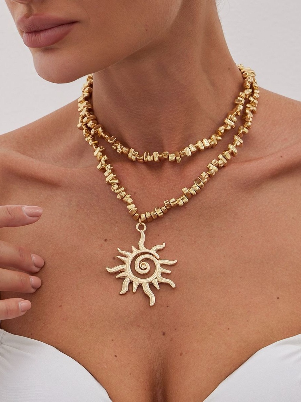Gold Sun Pendant Layered Necklace - Women Jewelry